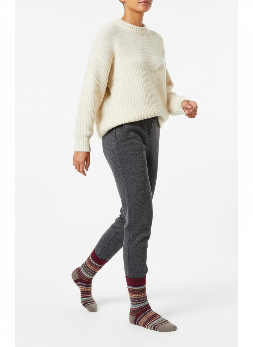 Chestnut Loom socks flat lay showing warm burgundy and tan autumn-tone wool-blend knit