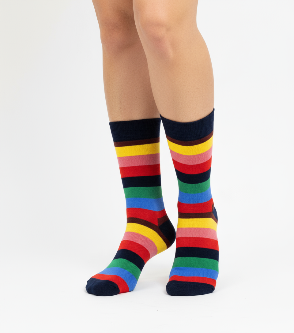 Diverse Charm crew socks flat lay showing playful multicolor patterned knit on white surface