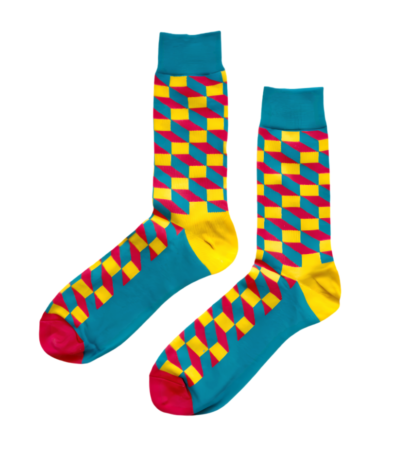 Funky Citrus socks close-up showing citrus-toned orange, yellow, and lime green knit pattern