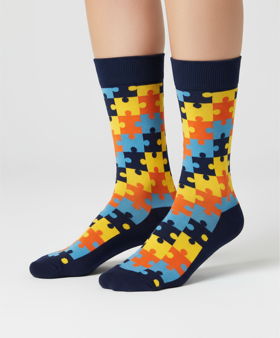 Funky Sunset Puzzle crew socks flat lay showing warm orange and red interlocking puzzle pattern