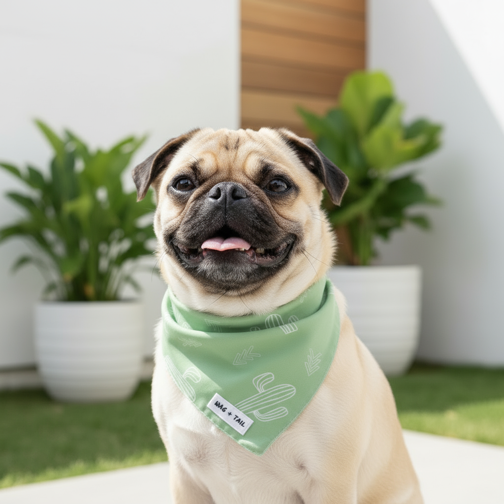 Wag + Tail Prickly Paws reversible tie-on bandana flat lay showing cactus print side