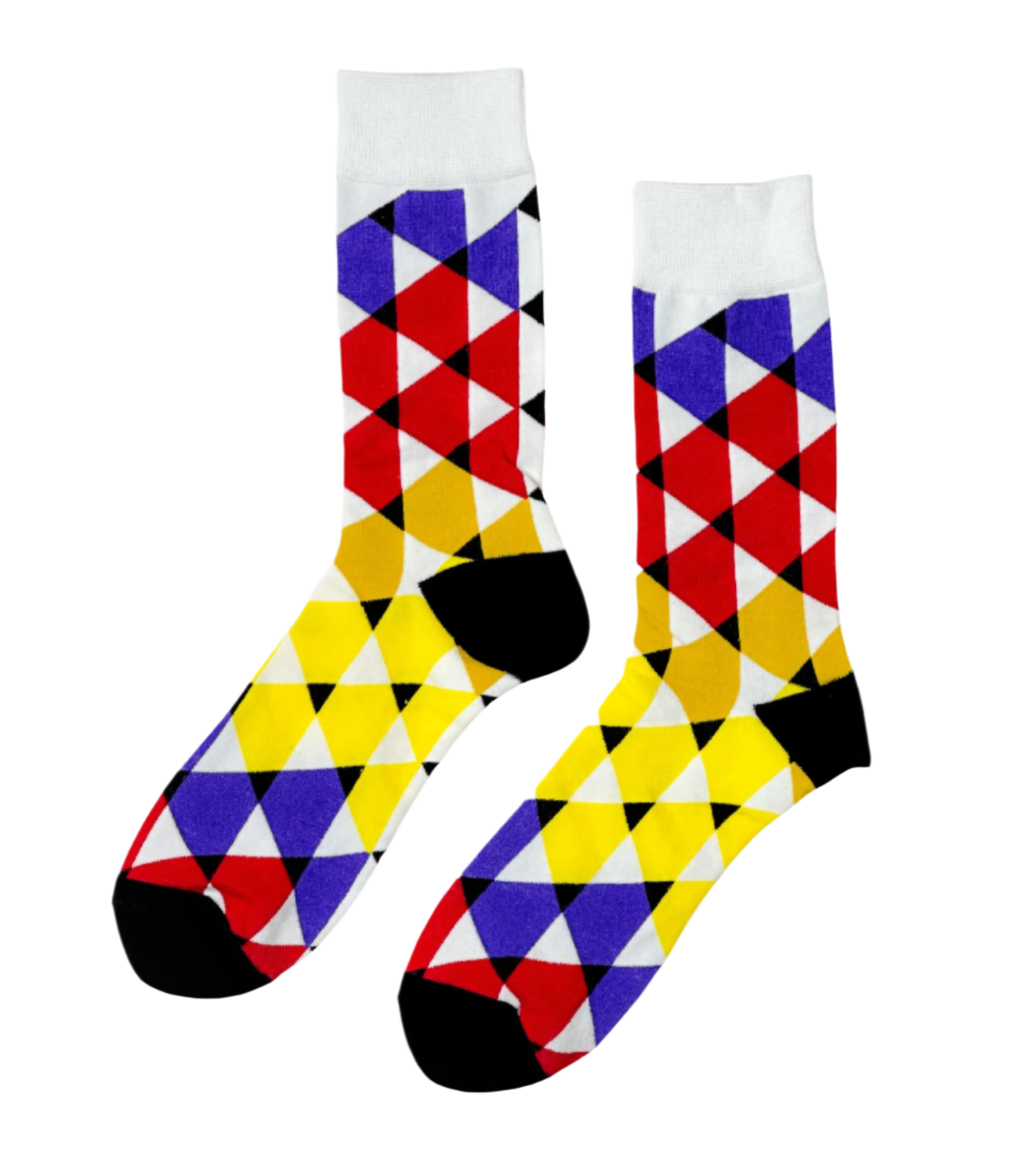 Radiant Mosaic socks close-up showing maximum-color geometric mosaic knit construction