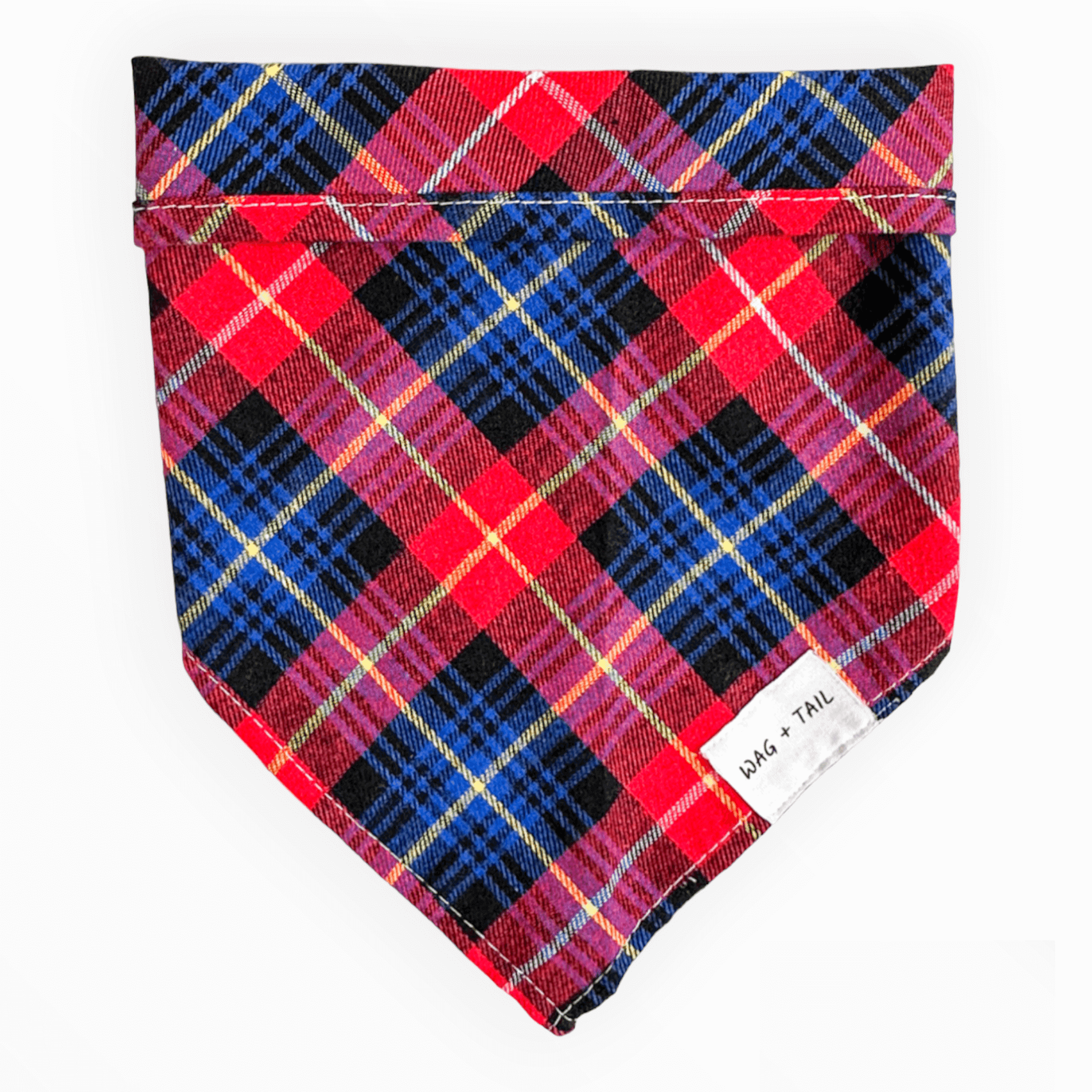 Red Blue Plaid reversible dog bandana flat lay showing red and blue plaid pattern