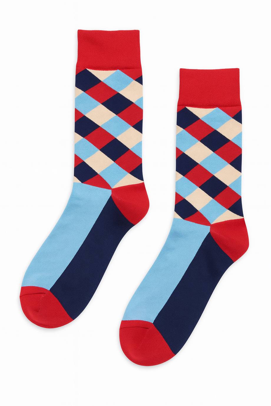 Retro Riot argyle crew socks by ModSoles – red, navy, light‑blue diamond pattern socks