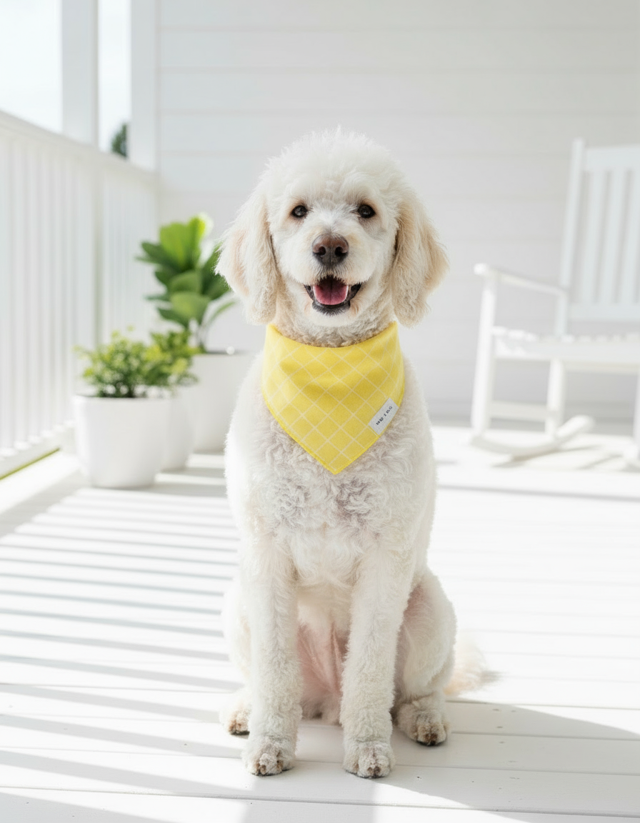 Wag + Tail Sunny Stripe dog scarf showing bright yellow-toned stripe pattern flat lay