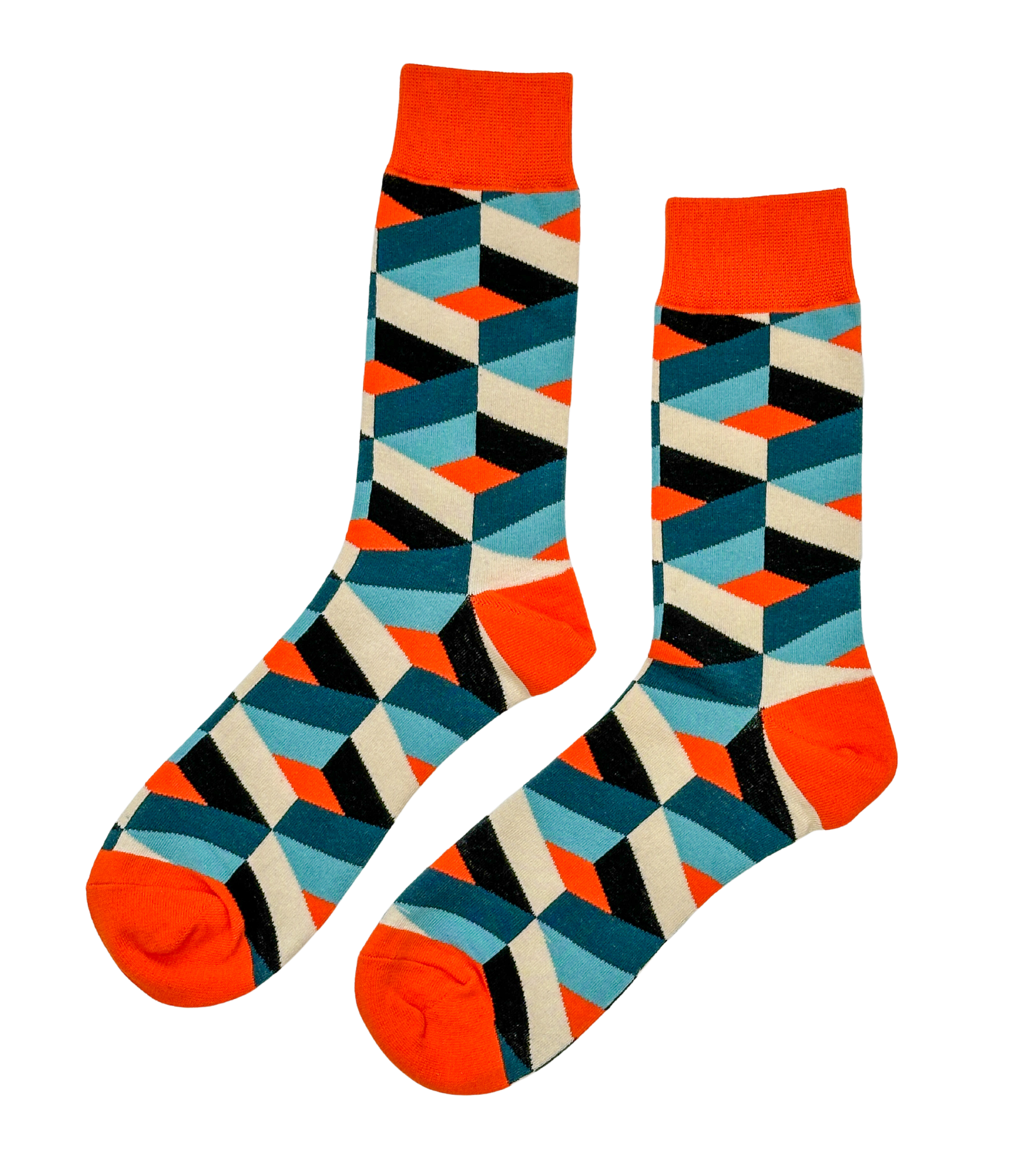 Tangerine Mosaic socks close-up showing vivid orange mosaic geometric knit construction