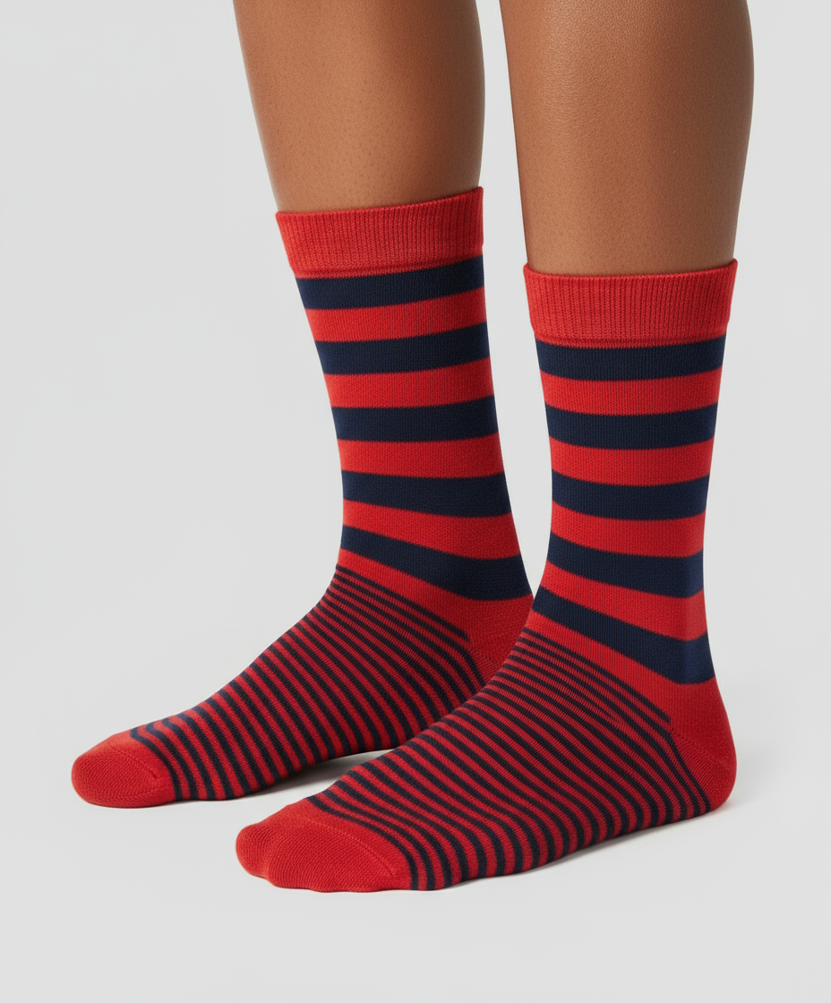 Bold Crimson crew socks flat lay showing rich crimson stripe pattern on white background