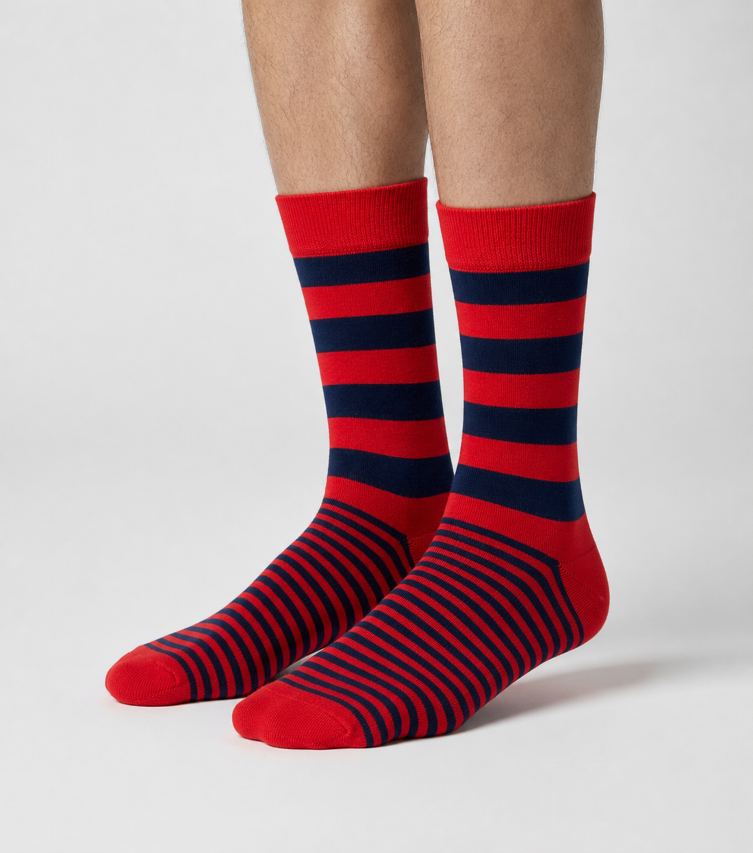 Bold Crimson crew socks flat lay showing rich crimson stripe pattern on white background