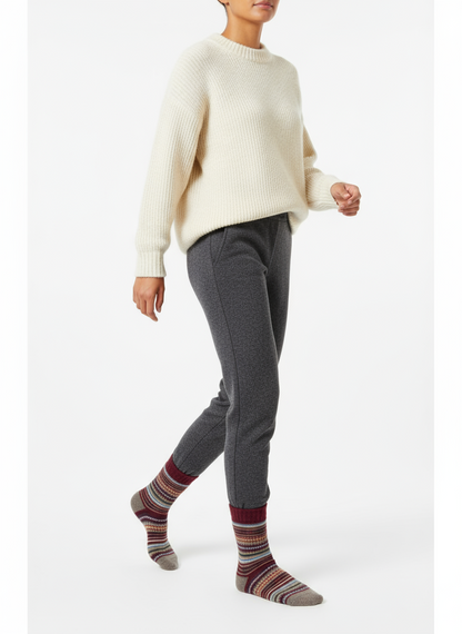 Chestnut Loom socks flat lay showing warm burgundy and tan autumn-tone wool-blend knit