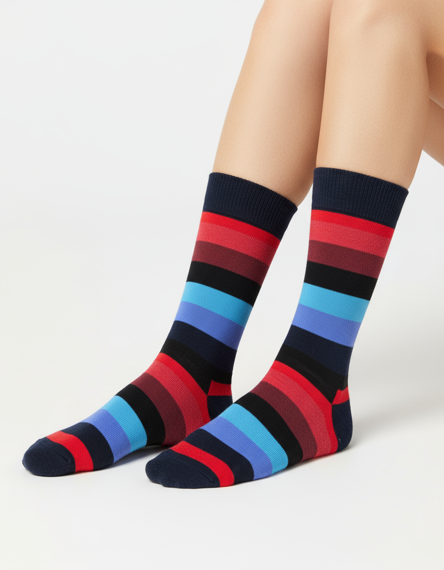 Classic Contrast crew socks flat lay showing red, navy, and black horizontal stripe pattern