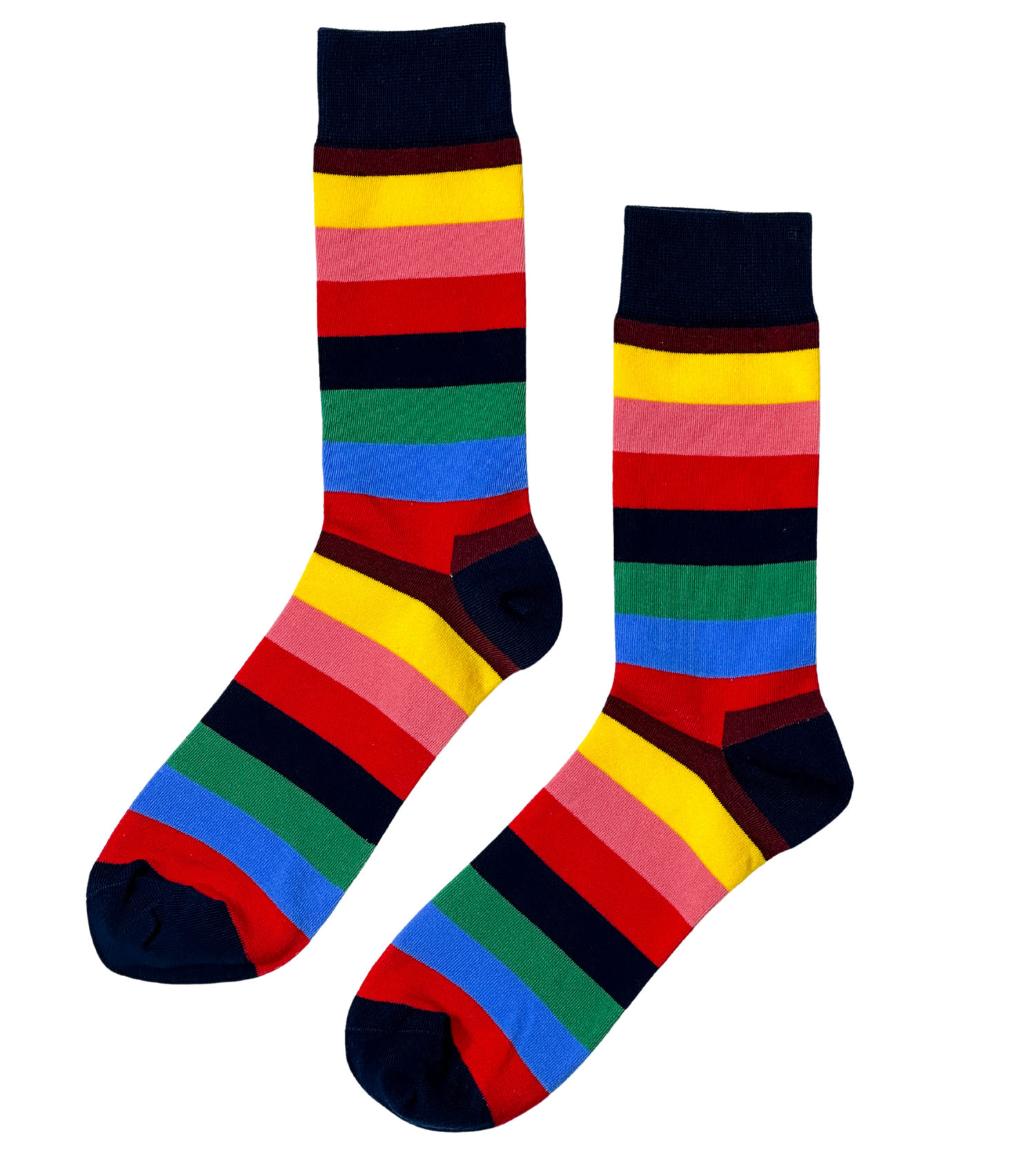 Diverse Charm socks styled view showing full multicolor pattern construction and cuff detail