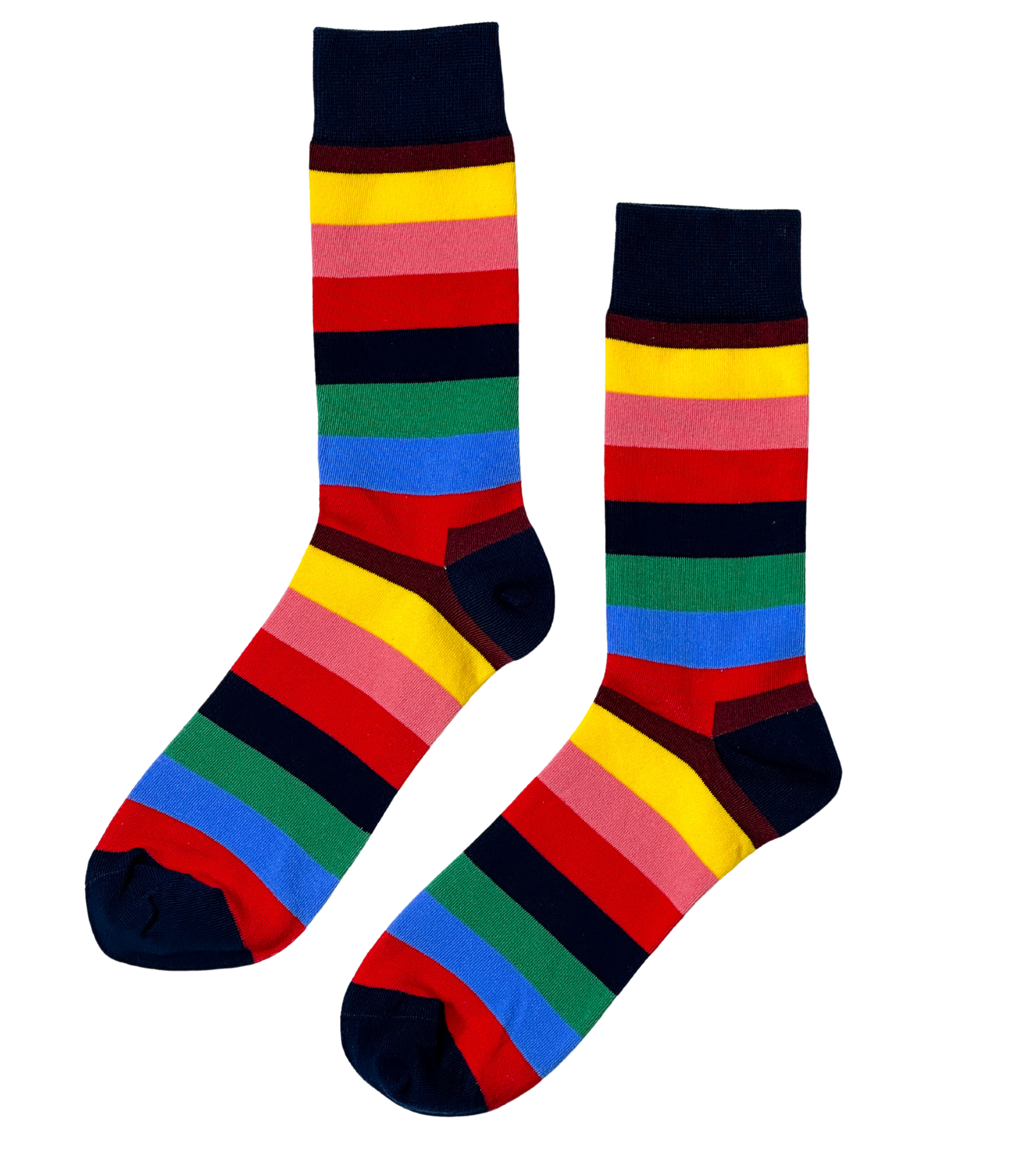 Diverse Charm socks styled view showing full multicolor pattern construction and cuff detail