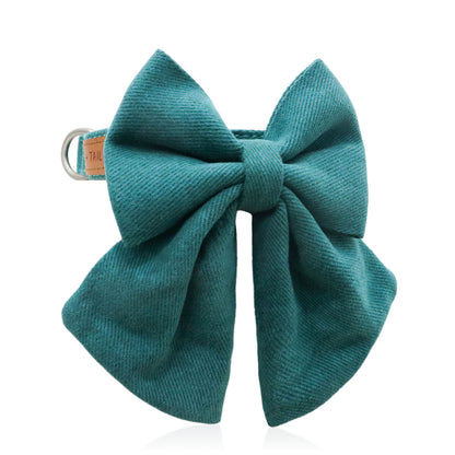 Emerald Luxe Bow Tie Dog Collar close-up showing cotton-linen bow construction and color