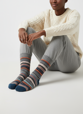 Frost Loom wool-blend knit socks featuring grey, navy, and orange tones by ModSoles