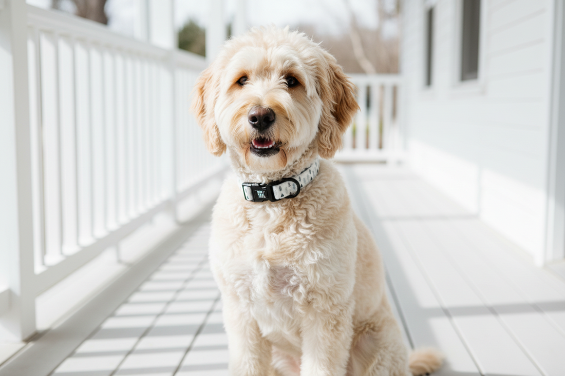 Wag + Tail Frosted Pines dog collar showing winter pine-print pattern and adjustment buckle