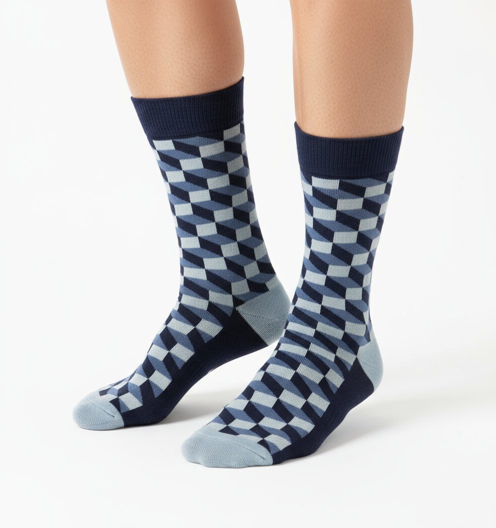 Funky Blues crew socks flat lay showing layered cool-tone blue geometric stripe pattern