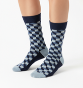 Funky Blues colorful blue crew socks by ModSoles featuring layered cool-tone stripes for a bold playful style