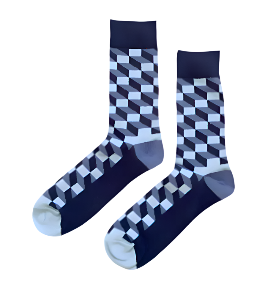 Funky Blues socks with playful blue tones and bold geometric patterns