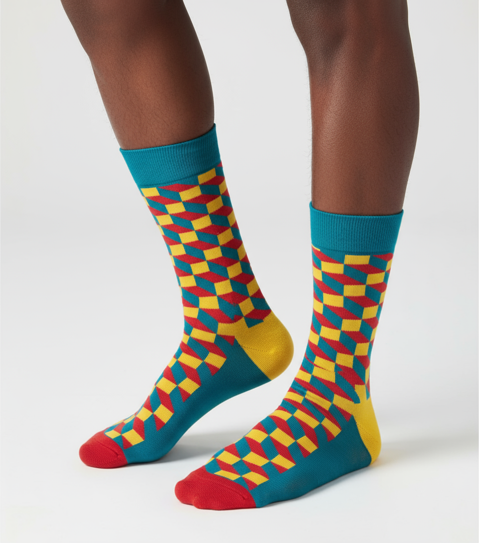 Funky Citrus crew socks flat lay showing orange, yellow, and lime green pattern