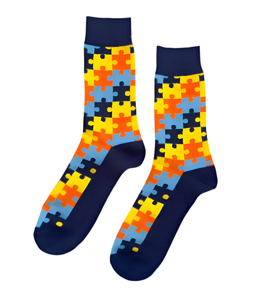 Funky Sunset Puzzle socks close-up showing warm sunset color puzzle-piece knit detail