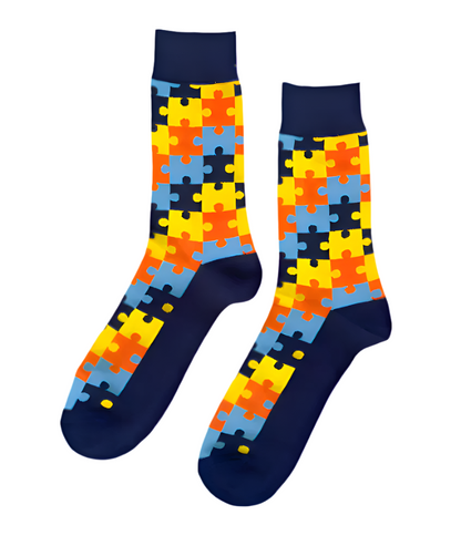 Funky Sunset Puzzle socks close-up showing warm sunset color puzzle-piece knit detail