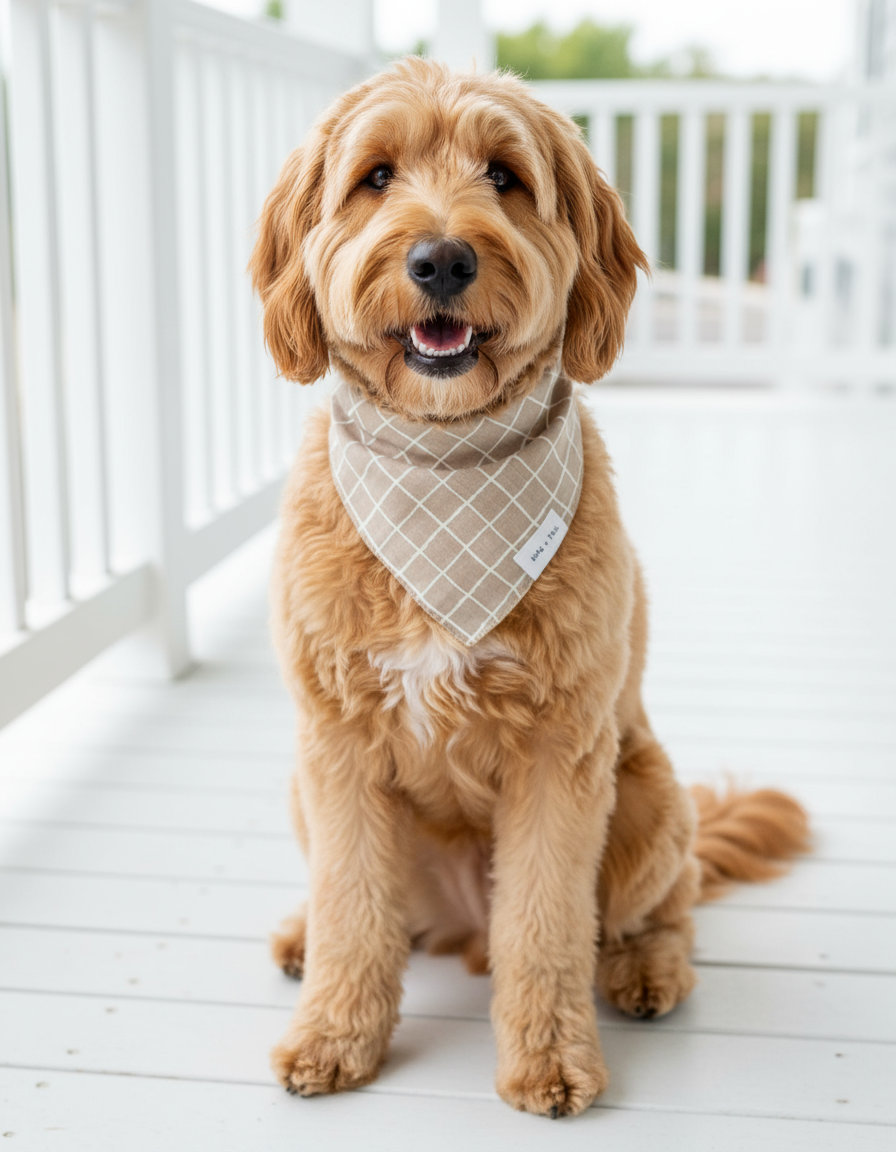 Wag + Tail Latte Stripe dog scarf showing warm coffee-toned stripe pattern flat lay