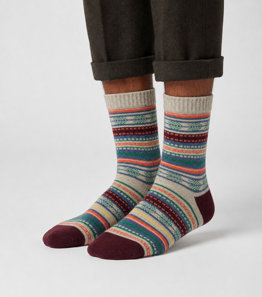 Maple Loom wool-blend socks flat lay showing warm earth-tone heritage knit pattern