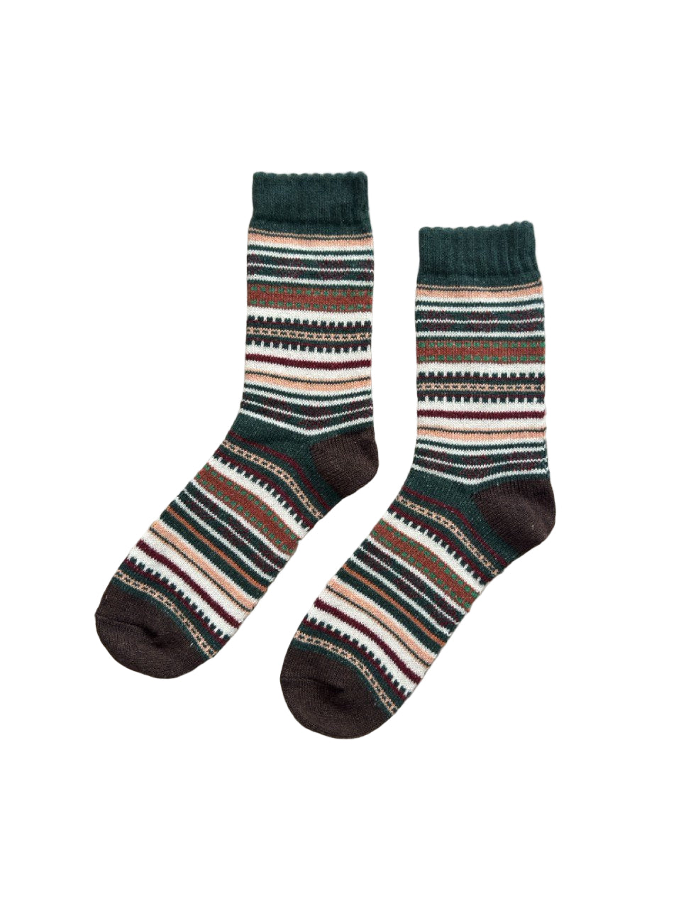 Pine Loom socks close-up showing textured wool-blend knit in forest green and brown