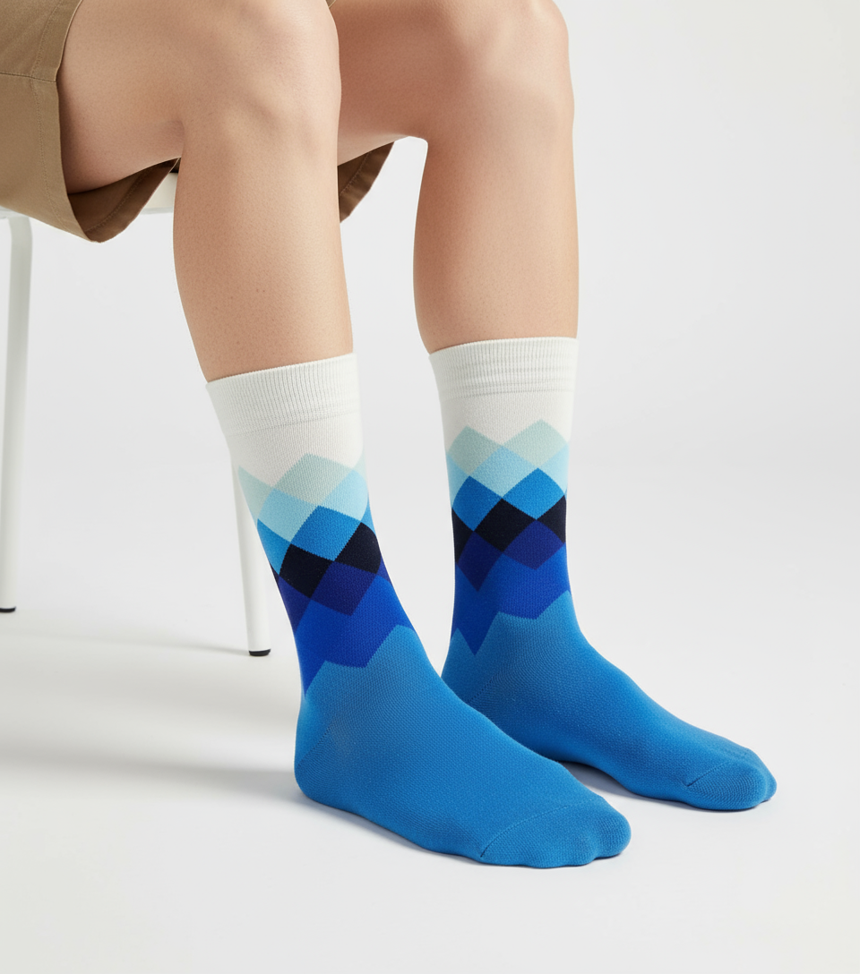 Prestige Azure crew socks flat lay showing deep ocean blue solid color and knit texture