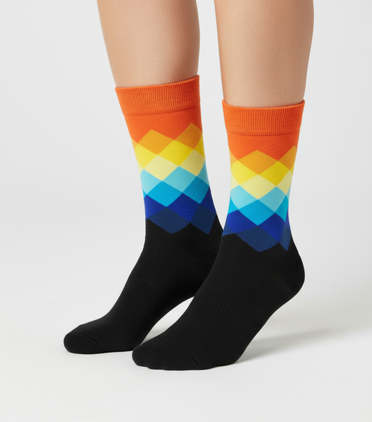 Prestige Sunrise bright striped crew socks by ModSoles inspired by sunrise tones with a bold colorful style for daily wear