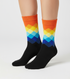 Prestige Sunrise crew socks flat lay showing orange and gold stripe pattern against white