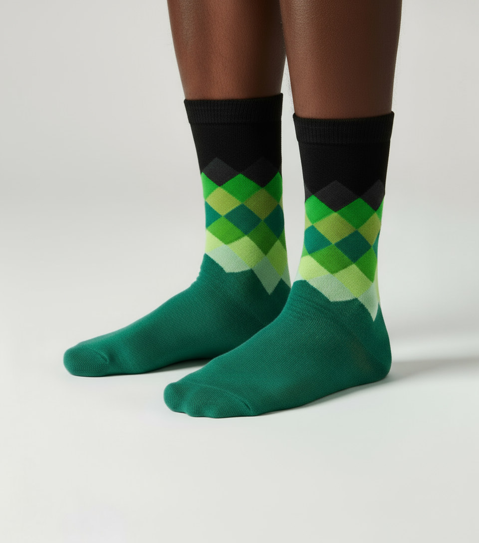 Prestige Verdant crew socks flat lay showing deep emerald green color and cotton knit texture