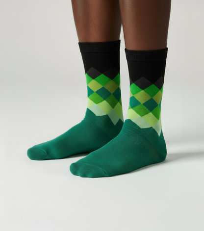 Prestige Verdant crew socks flat lay showing deep emerald green color and cotton knit texture