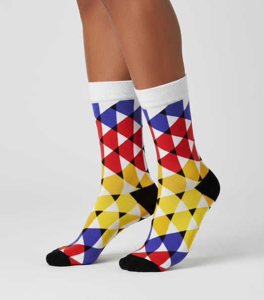 Radiant Mosaic unisex cotton crew socks from ModSoles with a vibrant geometric design perfect for standout everyday outfits