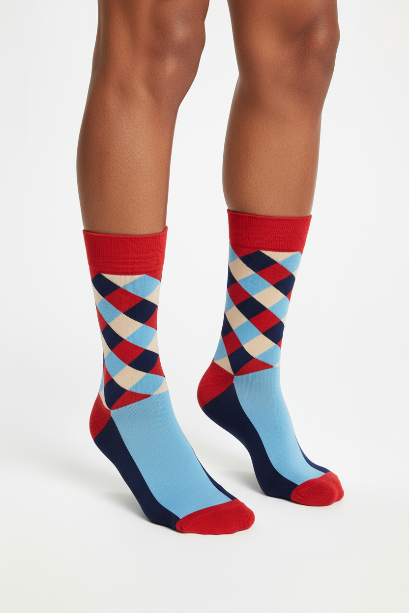Retro Riot crew socks flat lay showing red, blue, and navy argyle in retro vintage palette