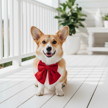 Luxe Bow Tie Dog Collar in Ruby red showing structured cotton-linen bow on white background