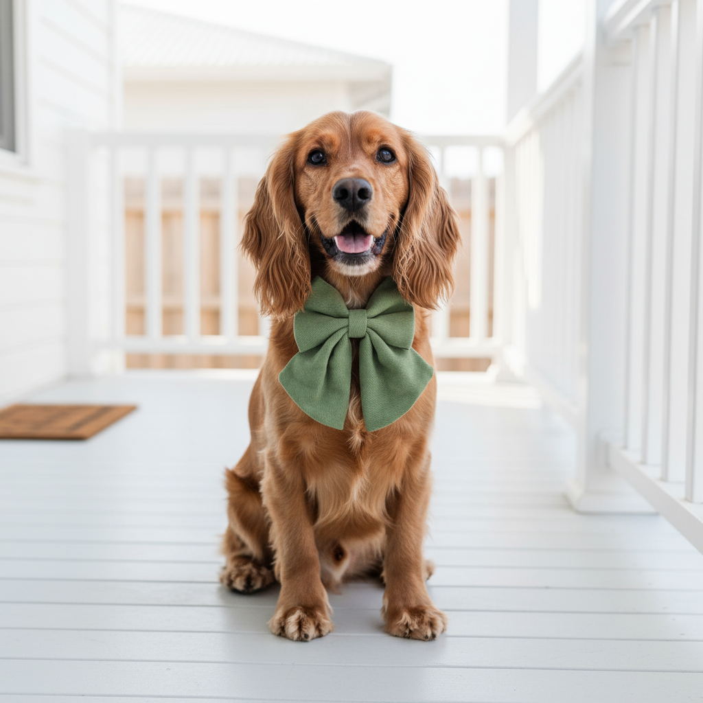 Luxe Bow Tie Dog Collar in Sage green showing structured bow and adjustable collar detail