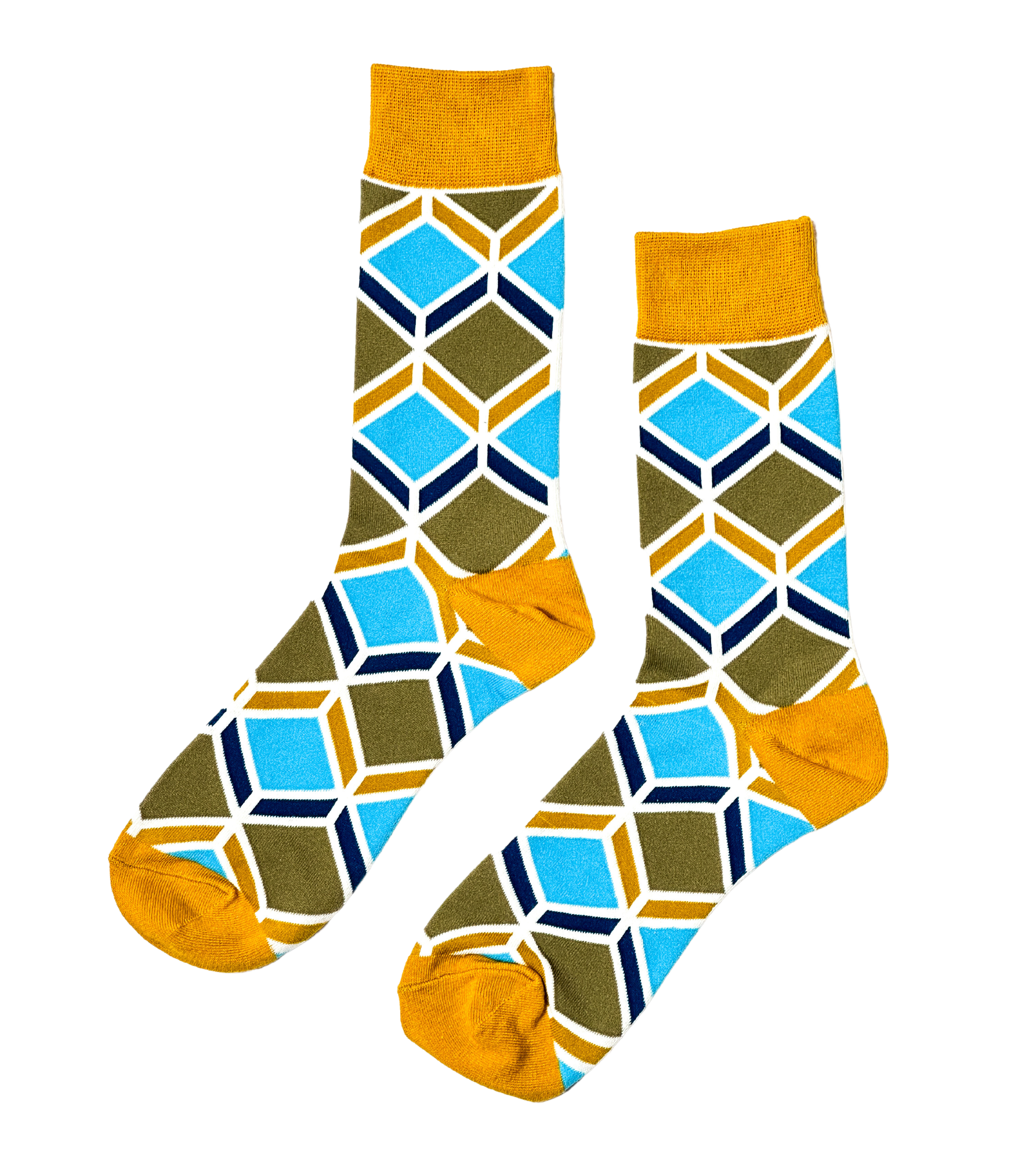 Sandstone Mosaic socks close-up showing earthy tan geometric mosaic knit construction