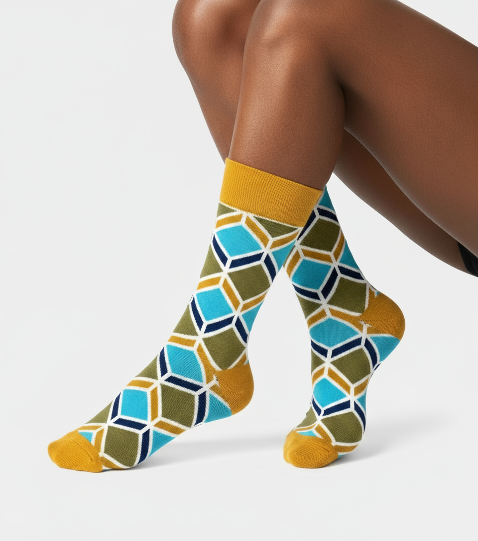 Sandstone Mosaic crew socks flat lay showing warm desert-tone geometric mosaic pattern