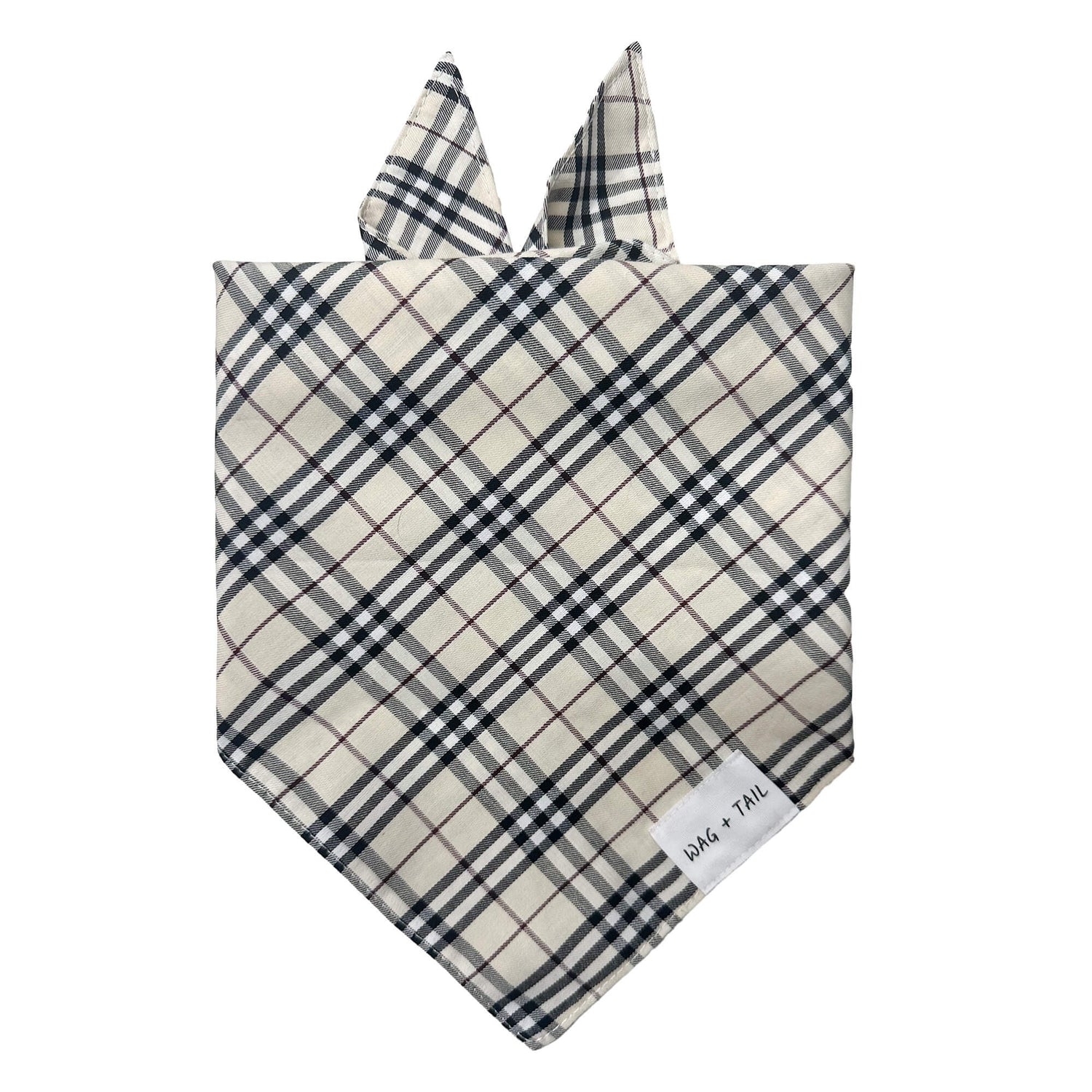 Sandstone Plaid dog bandana lifestyle shot showing warm neutral plaid bandana tied on dog