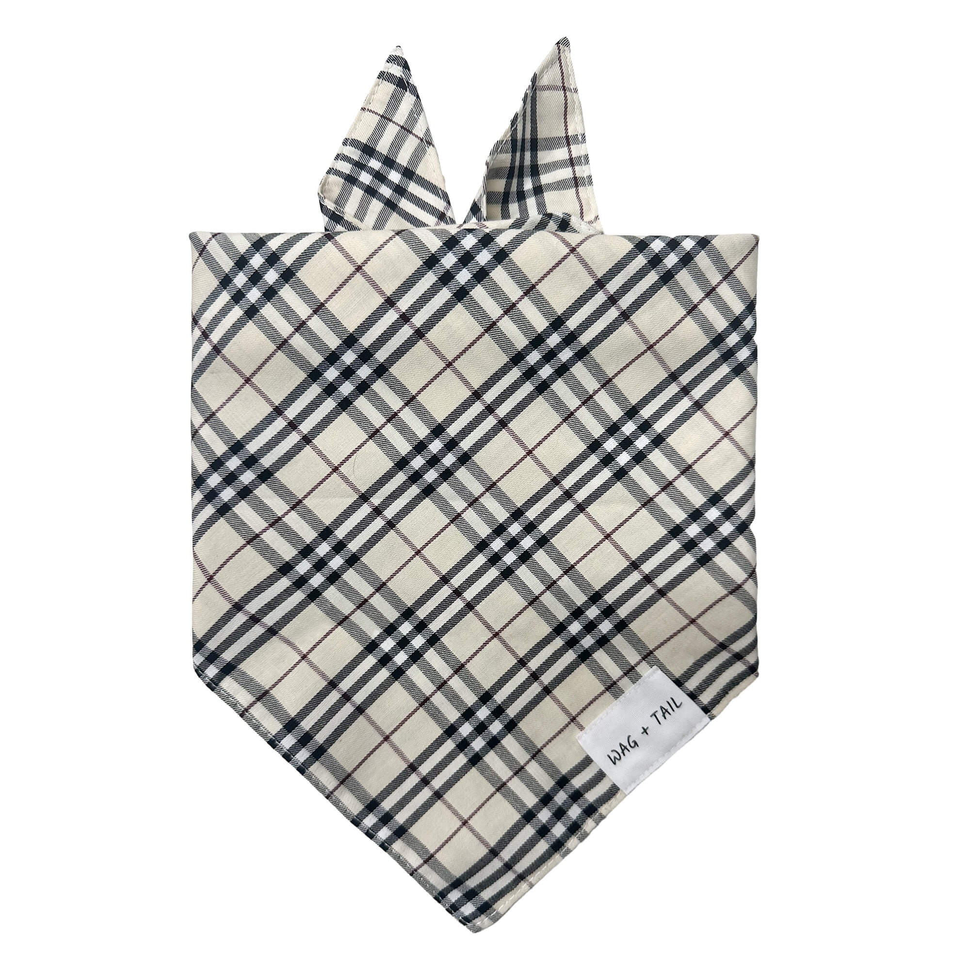 Sandstone Plaid dog bandana lifestyle shot showing warm neutral plaid bandana tied on dog