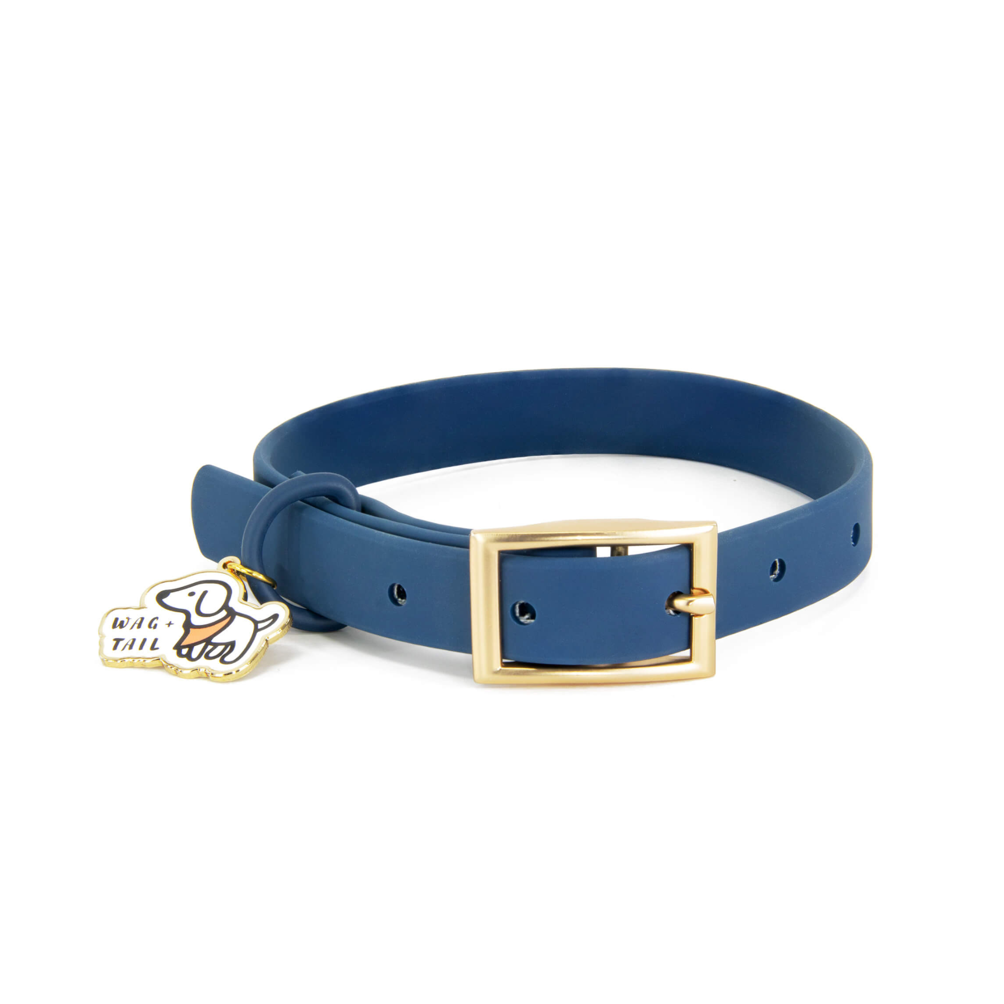 Sapphire PVC dog collar close-up showing easy-clean waterproof material and metal hardware
