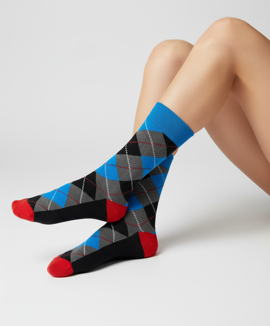 Slate Fusion Argyle colorful unisex argyle crew socks by ModSoles featuring rich slate tones fused with bright accents for a bold modern look
