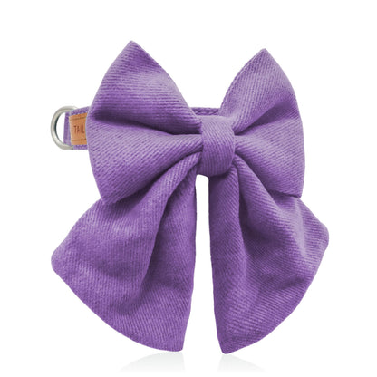 Dog wearing Sweet Lavender Luxe Bow Tie Collar showing pastel purple bow from front