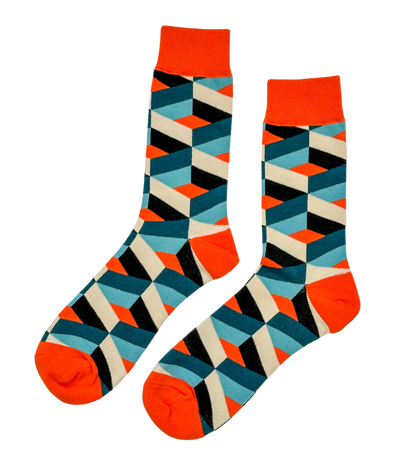 Tangerine Mosaic socks close-up showing vivid orange mosaic geometric knit construction