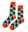Tangerine Mosaic socks with vibrant orange tones and geometric stripe design