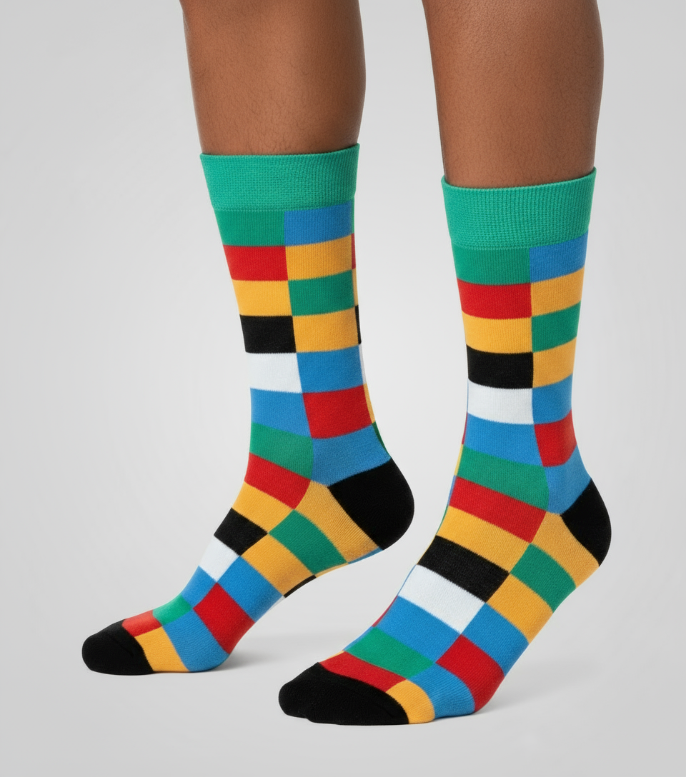 Urban Mosaic crew socks flat lay showing bold colorful geometric mosaic pattern