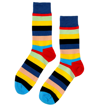 Vibrant Medley socks close-up showing vivid contrast stripe detail and cotton knit texture