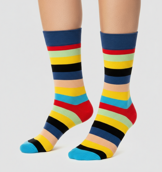Vibrant Medley unisex crew socks by ModSoles featuring a lively multicolor pattern designed for bold expressive outfits